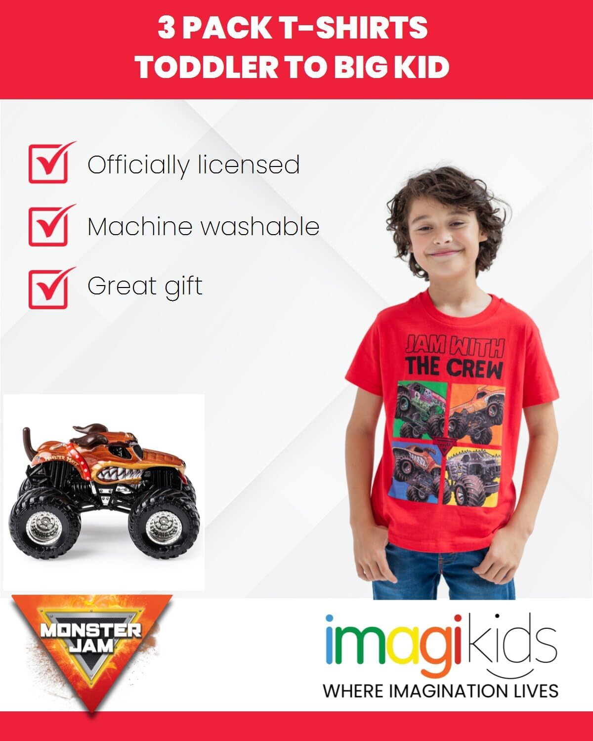 Monster Jam Toddler Boys 3 Pack Graphic T-Shirts Kids Black/Red/Grey 5T