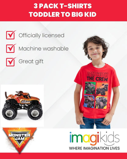 Monster Jam Toddler Boys 3 Pack Graphic T-Shirts Kids Black/Red/Grey 5T